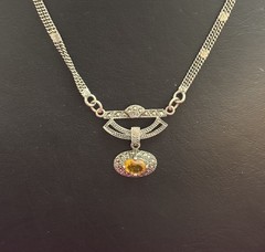Sterling Silver Marcasite and Yellow Stone Pendant Necklace 7.5” in.