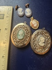 Vintage Lot Of Cameos. Earrings, 2 Lockets, Pendent. Great Condition