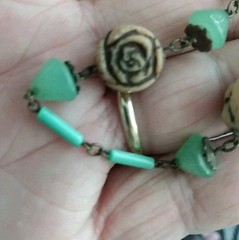 Antique Art Deco Czech Green And Tan Carved Glass Necklace 1920s