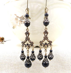 Victorian Mourning Earrings Jet Black Glass Bead Chandelier Filigree Handmade