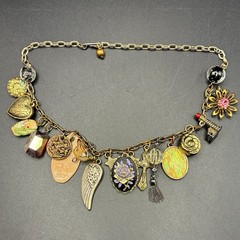 Vintage Brassy-Bronzy Chain Necklace of Mixed Metals: Heart, Bird, Deer, Angel +