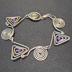 Vtg. 925 Sterling Silver Artisan Hand Wire Wrapped Spiral Amethyst Bracelet 7″