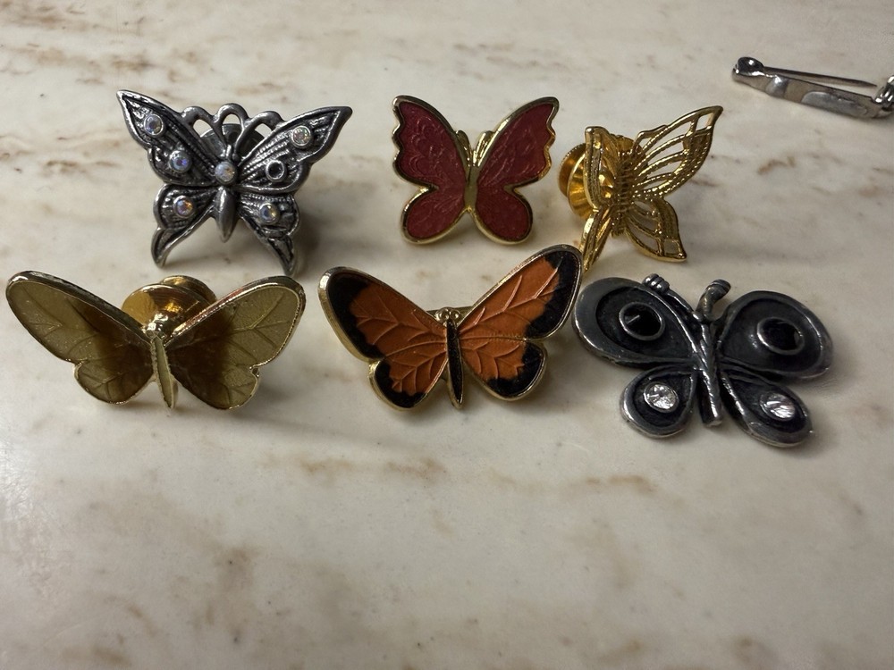 Vintage Lot of 6 Butterfly Brooch – Pin Gold-Tone & Silver-tone Various Sizes