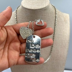 Vintage Silver Tone “Be Be Be” Dog Tag Necklace Heart Charms Rhinestone Accent