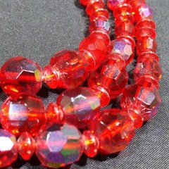 Vintage Czech Red Glass AB 3 Strand Necklace Earrings Set 1950s