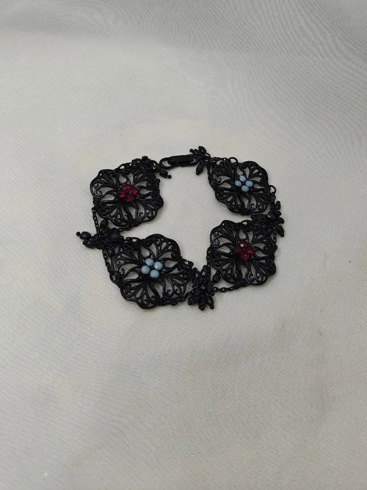 Black Enamel Ornate Victorian Inspired Bracelet With Blue And Crimson Stones
