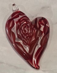 VINTAGE Handblown Art Glass Heart Pendant Charm Abstract Rose Flower Rose Red