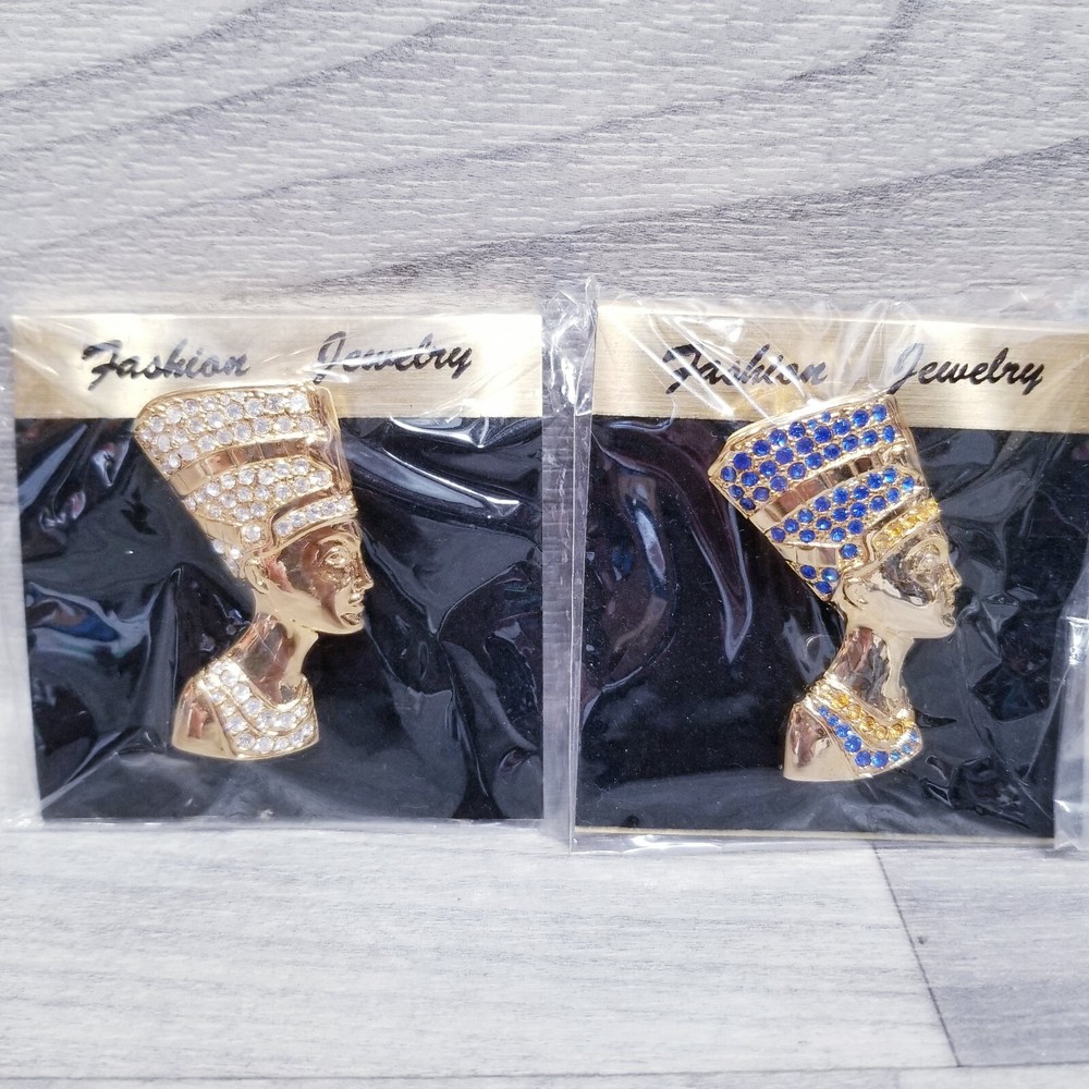 2X Nefertiti Queen Egypt Pin Brooch Gold Tone Blue White Rhinestone Jewelry