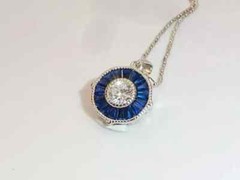 Art Deco Style Lab Created Diamond Sapphire Engagement 14K White Gold FN Pendant