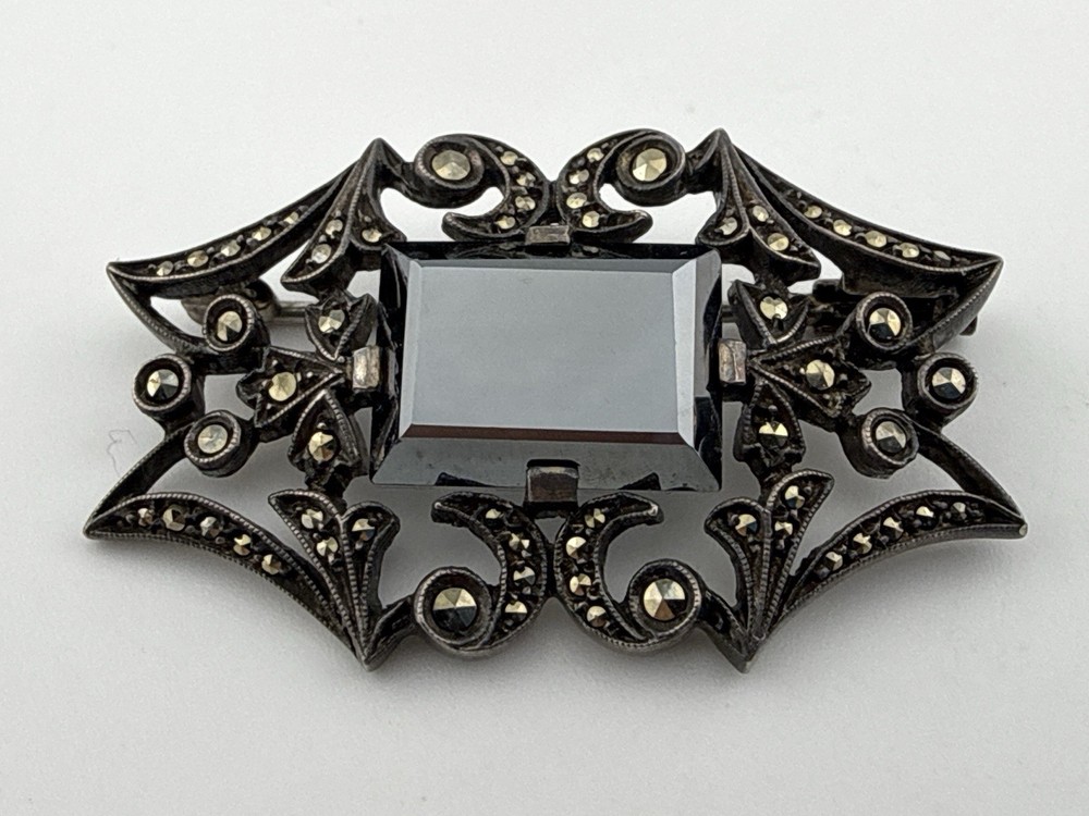 Antique Sterling Silver Unmarked natural hematite brooch Trombone Clasp 1.5”X1”