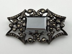 Antique Sterling Silver Unmarked natural hematite brooch Trombone Clasp 1.5”X1”