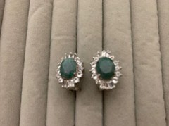 Vintage Sterling Fadi India Labradorite Cabochon & Cubic Zirconia Stud Earrings