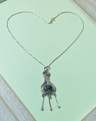 Vtg N/A? Tribal Obsidian Cab Dangle Paddle Pendant Sterling Silver Necklace-16″