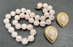 Vintage 80s Rose Quartz Hand Bead Necklace Gold Tone Teardrop Clip Earrings Set