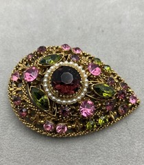 Vintage Goldtone Florenza Brooch Purple/Green Rhinestone Faux Pearls 2.25 Inch