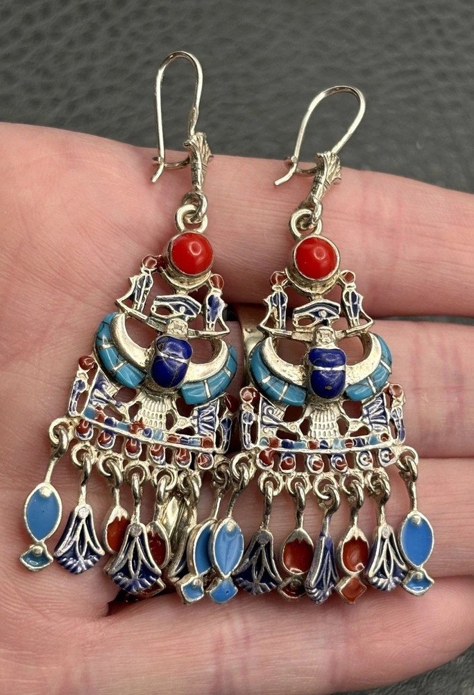 Sterling Silver Egyptian Revival Enamel Chandelier Earrings Scarab Hieroglyph