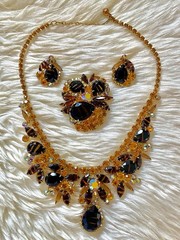 Juliana Book Piece Tigers Eye Rhinestone Necklace Brooch Earring Set