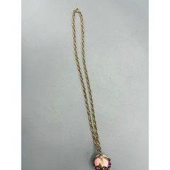 Vintage Gold Tone Orb Pendant Necklace Pink Enamel Rhinestone Tassel 28 Inch