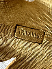 Vintage Gold Tone Leaf Brooch Signed Trifari Textured Mid Century Costume Jewel