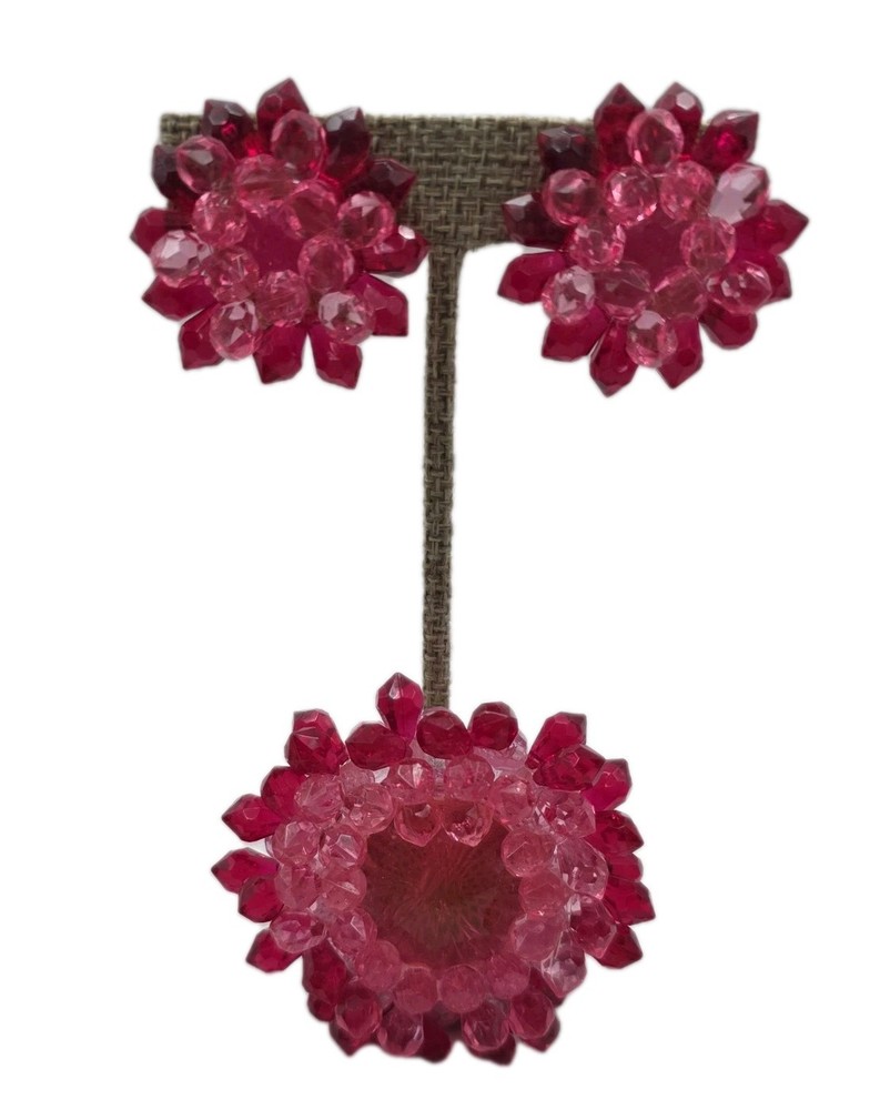 Vintage West Germany Beaded Acrylic Brooch & Earrings Pink