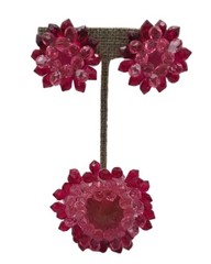 Vintage West Germany Beaded Acrylic Brooch & Earrings Pink