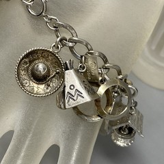 VTG 20 Charm Bracelet Sterling Silver Birthday Natie Cowbell School Hearts 6.5″