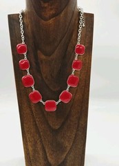 Red Enamel Square Link Necklace Silver tone Art Deco Collar Vintage 21 in