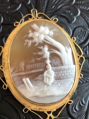 1800’s Antique Victorian Large Cameo Pin Rebecca At Well Landscape