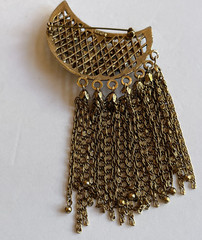 Lisner Vintage Crescent Moon Pin Brooch Jeweled Tassels Gold Tone Blue Green