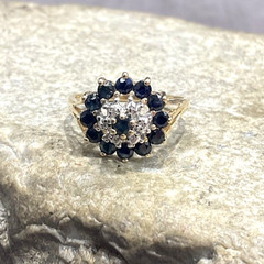 Vintage 14k Yellow Gold Sapphire & Diamond Cluster Halo Ladies Ring