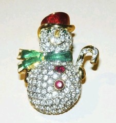 Swarovski Signed Vintage Snowman Brooch Gold Plated Encrusted With Crystals