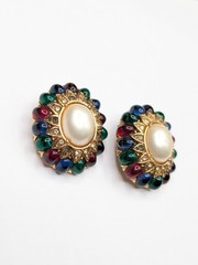 CINER Jewels Of India Moghul Glass Faux Pearl Clip On Gold Tone Earrings ⚠️Read