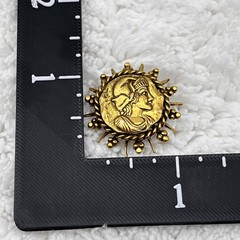 Vintage Greek Roman Soldier Brooch Victorian Revival Gold Tone Coin Style Pin 1″