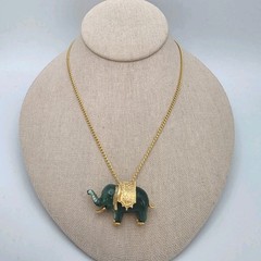 Vtg Green Elephant Pendant Brooch Gold Tone Necklace Faux Jade Luck Trunk Up 18″