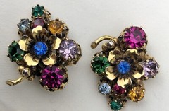 Vintage Austria Multi Color Rhinestones Flower Brooch & Clip Earrings Set