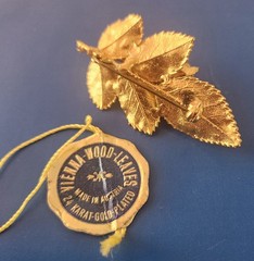 Rose Bud & Leaf Brooch 24ct Gold Plated Vienna Wood Leaves Austria