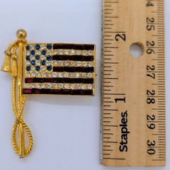 Vintage American Flag Brooch Pin 4th Of July Rhinestone USA Gold Tassel