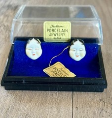 Toshikane Porcelain Geisha Mask Face Earrings Gold Posts, Original Box Japan