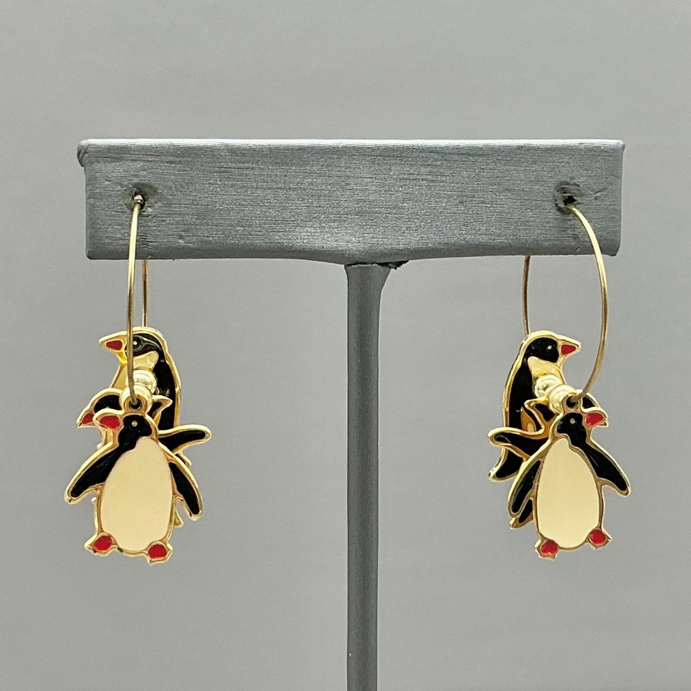 Berebi Earrings Women Gold Enamel Penguin Animal Charm Dangle Hoop 1.75 Inch