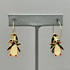 Berebi Earrings Women Gold Enamel Penguin Animal Charm Dangle Hoop 1.75 Inch