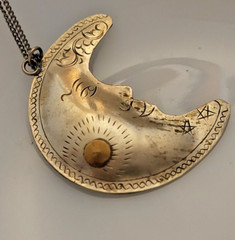 Crescent Moon w face, Unique Pendant, hand tooled, Whimsigoth Celestial Jewelry