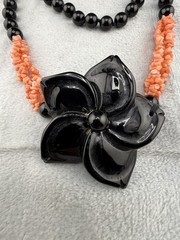 Vintage Pink Coral Stone Necklace Onyx Blossom Flower Pendant 32″