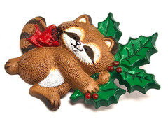 Vintage 1986 Hallmark Cards Christmas Raccoon Holding Holly Pin / Brooch