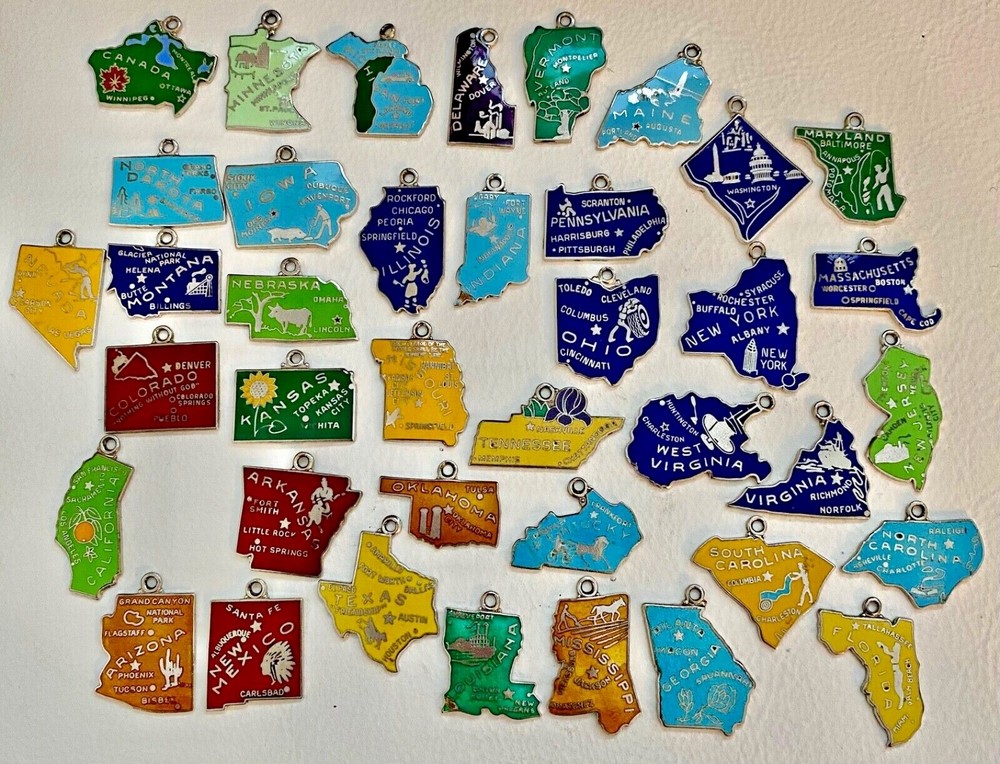 Vintage WELLS Sterling Silver Cloisonné Enamel USA State MOTTO Map Charms