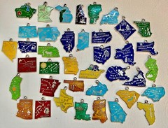Vintage WELLS Sterling Silver Cloisonné Enamel USA State MOTTO Map Charms