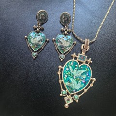 Vintage Heart Bird Jewelry Set Necklace Earrings Gold Victorian Gift Women