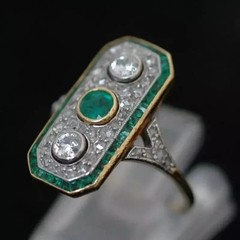 Art Deco Style Lab Created Emerald 3-Stone 14K Gold FN Wedding Anniversary Ring