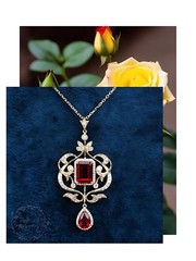 Victorian Emerald Cut Ruby & CZ Filigree Pendant Necklace Drop Floral Statement