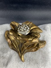 Vintage Brass Tone Flower Brooch Pin Rhinestone Gold Tone