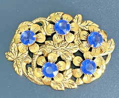 Vintage CZECH ART DECO Pin Pronged Blue Stones Gold Tone Filigree Design